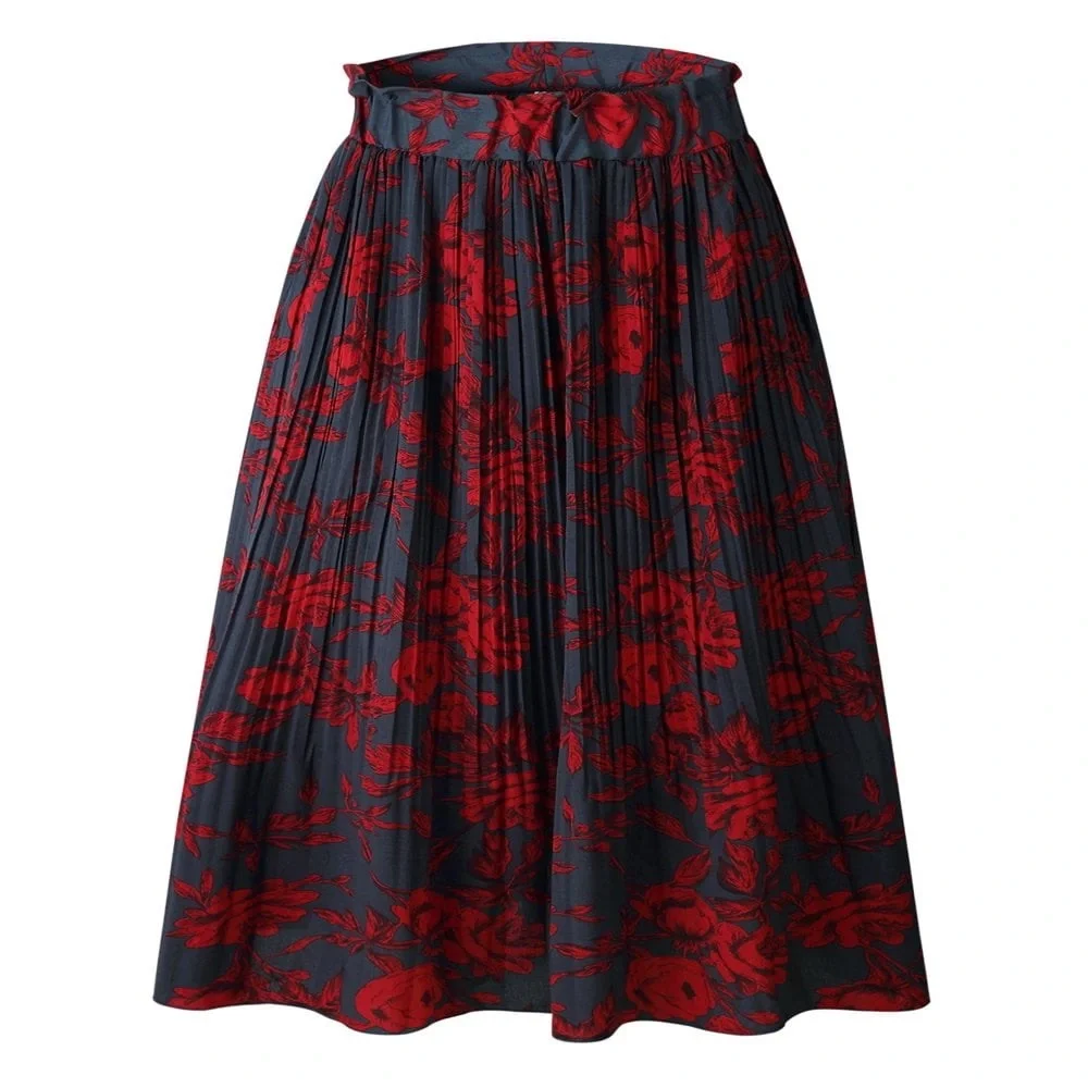EXLURA Women Floral Pleated Flowy Side Pocket Midi Skirt Red Navy - Picture 15 of 15